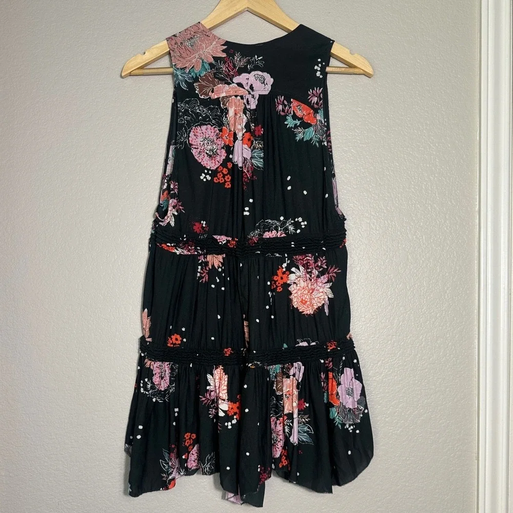 Free People‎ Haze Black Floral Tunic Top XS Mini Dress Coverup Boho Country